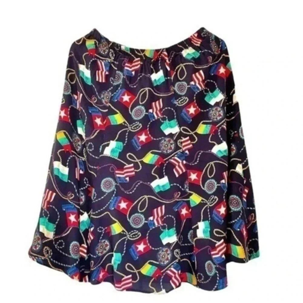 Vintage Wilmer retro  skirt navy blue with funky flag print size 18 rayon EUC